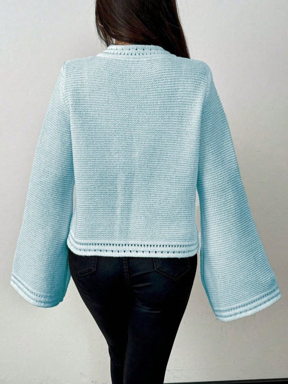 Baby Blue Casual Women's Long Sleeve Front Tie Knitted Cardigan - Picture 2 of 6